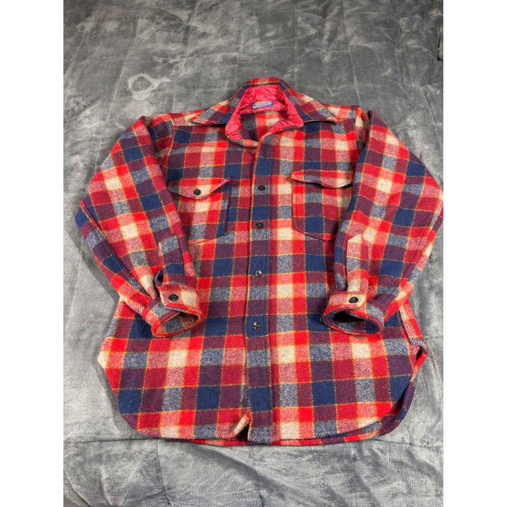 Vintage Pendleton Mens Red Blue Plaid Wool Board Shirt Jacket Size M Made in USA